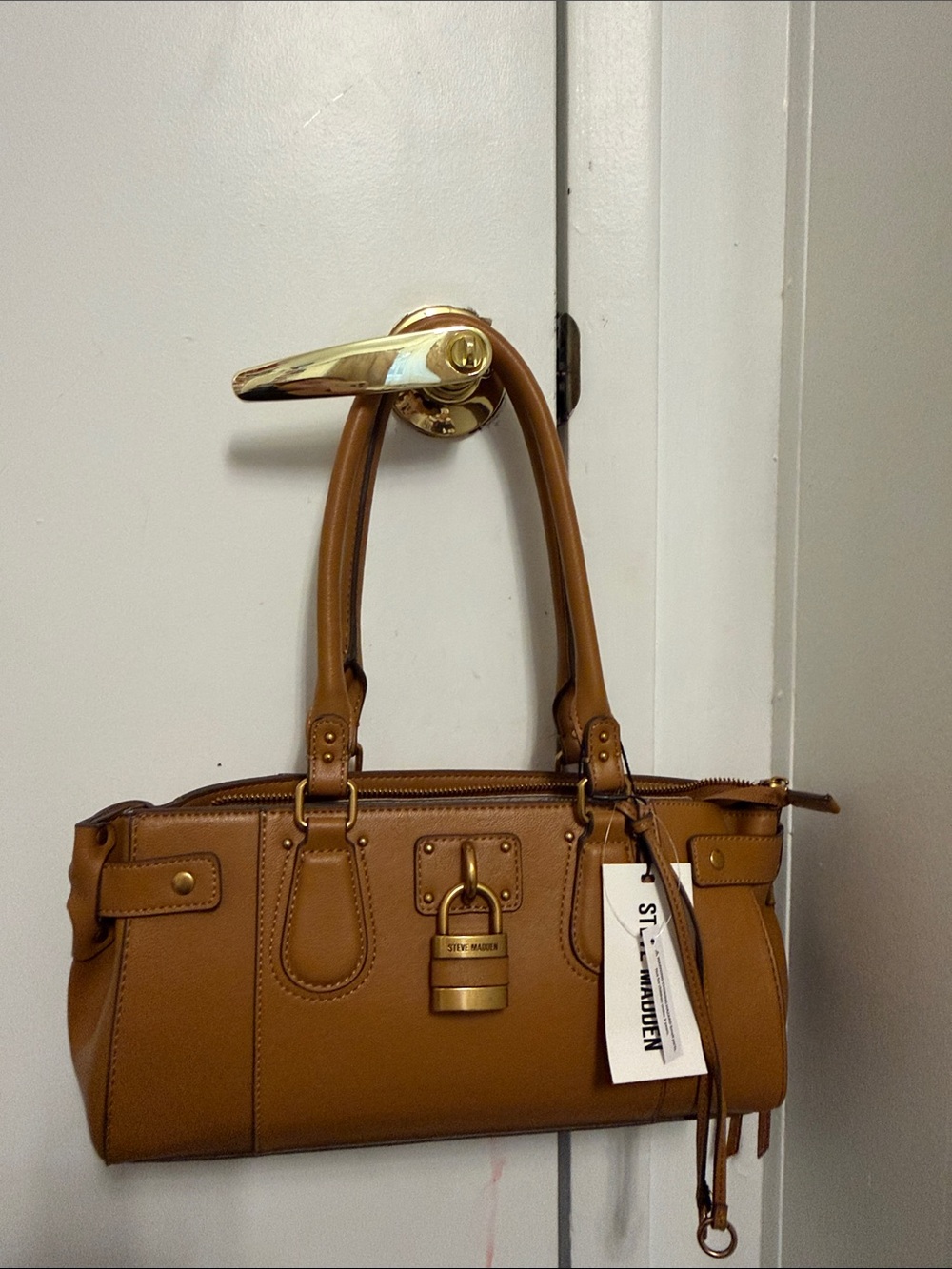 Steve Madden Camel Brown Satchel with Gold Padlock Detail